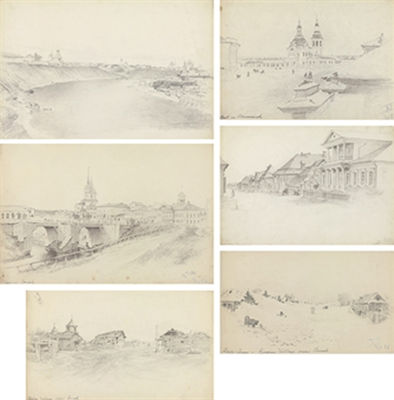 George Albert Frost : A street in Minusinsk; View in Tomsk; Tartar street Semipalatinsk; Tyumen, the Tura River; A steppe village in Tomsk; and Deep Snows, Russian village near Tomsk (6)