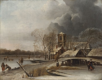 Hendrik Jacobsz Dubbels : A winter landscape with figures skating, cottages and a church beyond