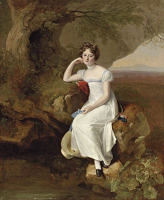 Firmin Massot : Portrait of Elizabeth Broadhead, later Lady Dashwood (1801-1889), small full-length, in a white dress, seated in a landscape, holding a sun hat