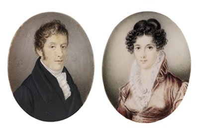 Joseph Pastorini : A pair of miniatures: a gentleman, in black coat and waistcoat AND a young lady in pink coat