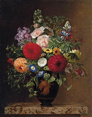 Johan Laurentz Jensen : Convulvulus, dahlias, lupins and stocks in a Greek vase