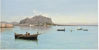 Francesco Lojacono : Fishermen before the Monte Pellegrino in Palermo, Sicily