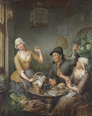 Hieronymus Van Der Mij : The interior of a grocer's shop, with the grocer and his wife presenting their wares, a birdcage above