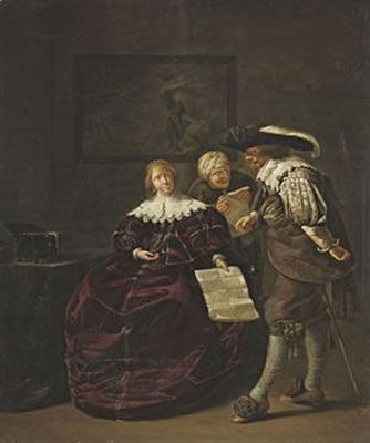 Jacob Duck : The contract: A lady presenting a letter to a gentleman, and an old lady studying another, in an interior