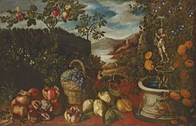 Thomas Hiepes : Pomegranates, grapes in a basket and citrons in a formal garden with fruit trees and a fountain, an extensive landscape beyond