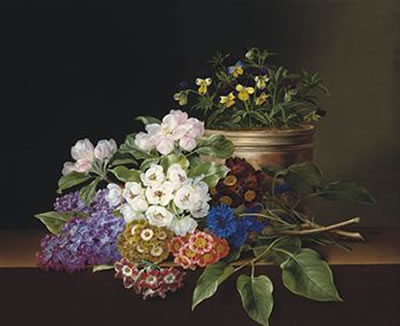 Johan Laurentz Jensen : Lilac, apple blossom, cornflowers and sweet williams with a pot of violas on a ledge