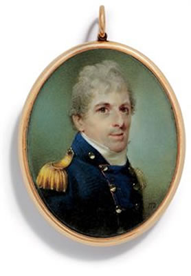 John Thomas Barber Beaumont : A young gentleman, in naval uniform, blue double-breasted coat with red trim, brass buttons, gold epaulettes, white stock