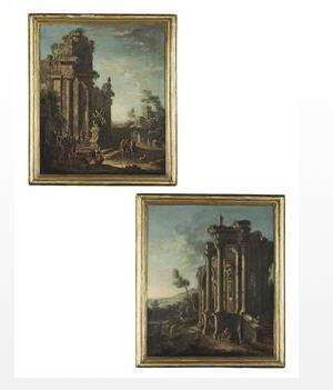 Nicola Viso : A capriccio landscape with a ruined temple and sculptural monuments, with figures collecting water from a fountain and a town beyond; and A capriccio landscape with a ruined temple by a river, cattle being taken to water near a cascade, a villa and mounta