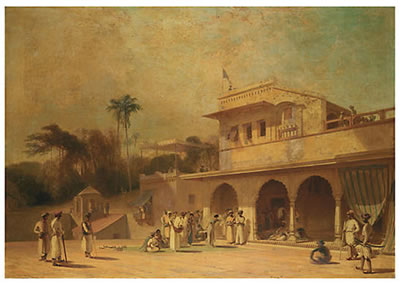 William Daniell : A palace in Juanpore, India, with a nautch girl performing in front of a nobleman