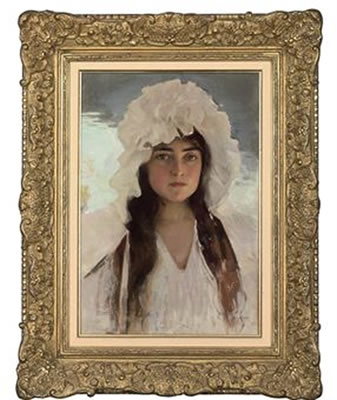 Albert Lynch : Portrait of a girl in a white bonnet