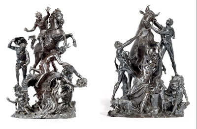 Francesco Bertos : A PAIR OF BRONZE GROUPS OF THE HEROISM OF MARCUS CURTIUS AND THE FARNESE BULL