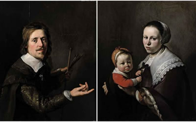 Hendrick Bloemaert : Portrait of Gijsbert Gillisz. de Hondecoutre (1604-1653), half-length, holding a palette and brushes; and Portrait of his wife Maria Hulstman, half-length, holding a child