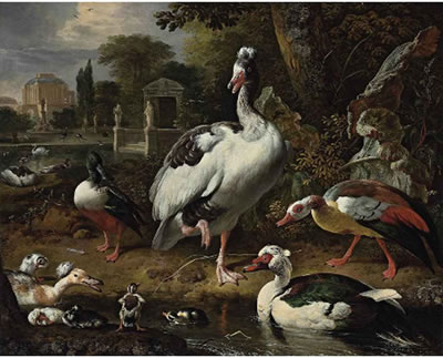 Melchior de Hondecoeter : A grey and white crested goose, a shoveler, a Muscovy duck, goslings, ducklings and other fowl in a park, elegant buildings beyond