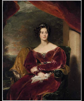 Thomas (Sir Thomas) Lawrence : Portrait of Mary, Countess of Wilton (1801-1858), three-quarter-length, seated, in a red velvet dress with a brooch, a landscape beyond