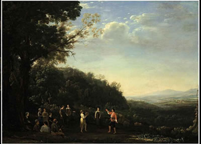 Claude Le (Gellee) Lorrain : An extensive landscape with shepherds and shepherdesses dancing