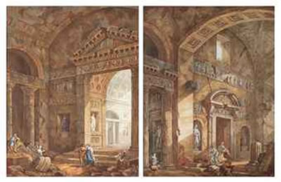 Charles Louis Clerisseau : Interiors of a Roman basilica with figures