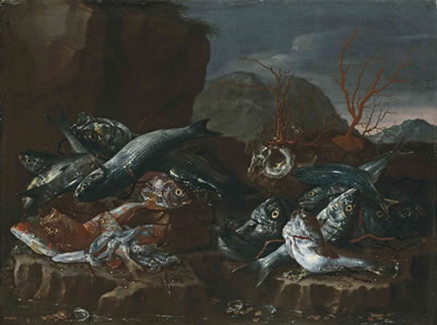 Giuseppe Recco : Fish, shells and coral on a rocky shore