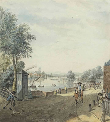 Samuel Hieronymus Grimm : South-western view of the River Thames from the corner of Beaufort Street and Cheyne Walk, Chelsea, London