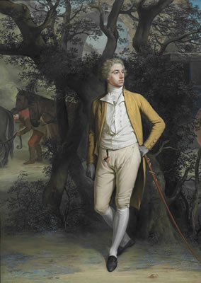 Hugh Douglas Hamilton : Portrait of Arthur Hill, 2nd Marquess of Downshire (1753-1801), small full-length, in a yellow frock coat and breeches, his left arm resting on a cane, with a coach and four beyond, in a landscape