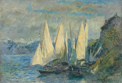 Albert Marie Lebourg : Barques aux grandes voiles sur le lac Léman à Meillerie en Haute-Savoie