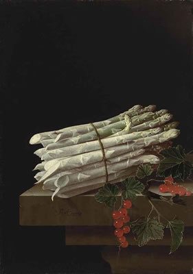 Adriaen Coorte : Asparagus and red currants on a stone ledge