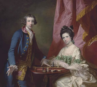 Francis Cotes : Portrait of William Earle Welby (c. 1734-1815), of Denton, Lincolnshire and his first wife, Penelope (1737-1771), playing chess, before a draped curtain