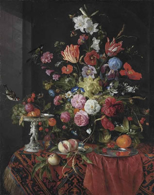 Jan Davidsz De Heem : Flowers in a glass vase on a draped table, with a silver tazza, fruit, insects and birds