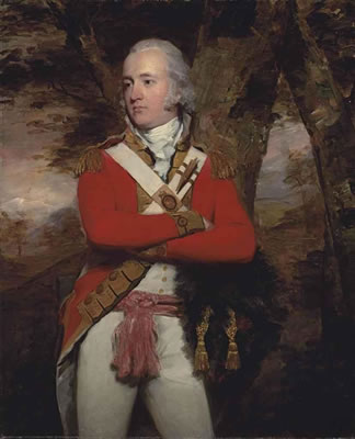 Henry Raeburn : Portrait of General Duncan Campbell, of Lochnell and Barbreck, Argyll (1763-1837), three-quarter-length, in a scarlet military coat with gold facings and epaulettes, white vest and breeches, a pink sash around his waist, his bearskin in his right hand, in