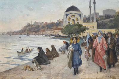 Fausto Zonaro : Mafalda on the Banks of the Bosphorus, the Dolmabahçe Mosque in the background