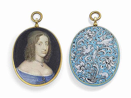 Alexander Cooper : Christina (1626-1689), Queen of Sweden 1632-1654, in blue off-the-shoulders dress with gem-set brooch at corsage, pearl necklace, fair curling hair