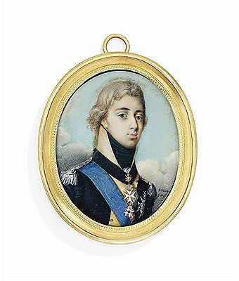 Jacob Axel Gillberg : Gustav IV Adolf (1778-1837), King of Sweden 1792-1809, in blue military coat with ochre facings and collar, silver epaulettes, black stock, wearing orders including the blue moiré sash and breast-star of the Royal Swedish Order of the Seraphim and the jew