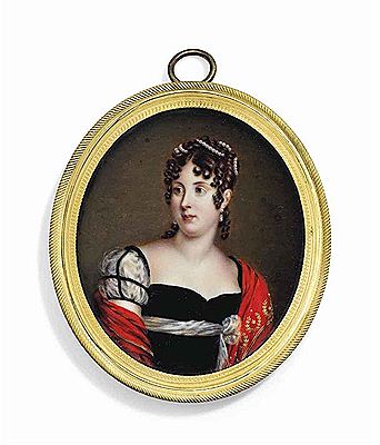 Johan Vilhelm Carl Way : Désirée Clary (1777-1860), Queen of Sweden, in Swedish Court dress and gold-bordered red stole embroidered with royal crowns surrounded by laurel wreaths, her brown hair dressed in ringlets and entwined with string of pearls