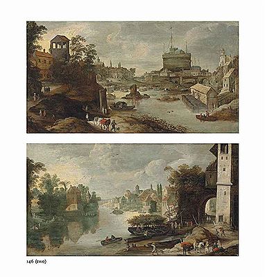 Philippe De Momper : A VIEW OF THE CASTEL SANT'ANGELO, ROME, FROM THE TIBER; AND AN ITALIANATE RIVER LANDSCAPE WITH A TOWER AND THE RUINS OF A BRIDGE (2)