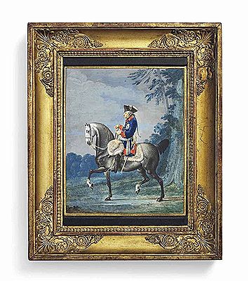 Daniel Nicolas Chodowiecki : Frederick the Great (1712-1786), King of Prussia 1740-1786, on horseback, in the uniform of the Prussian Life Guards, red-lined blue coat with red collar, black trousers, grey sash tied around his waist, wearing gloves and the breast-star of the Royal Pru