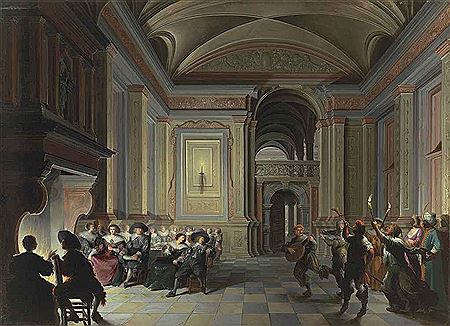 Dirck van Delen : A palatial interior with figures dining and carnival revellers in the foreground