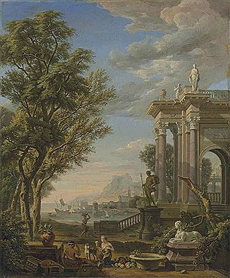 Isaac De Moucheron : AN ITALIANATE LANDSCAPE WITH FIGURES RESTING BY A FOUNTAIN AND A CLASSICAL BUILDING, A PORT BEYOND