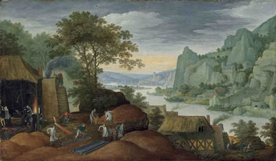 Marten Ryckaert : A rocky landscape with figures by an iron foundry, a river and houses on the bank beyond