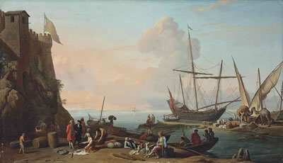 Adrien Manglard : A MEDITERRANEAN HARBOUR WITH STEVEDORES UNLOADING THEIR SHIPS, FIGURES SELLING FISH IN THE FOREGROUND BY A FORTRESS