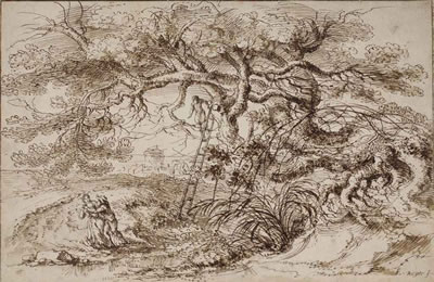 Gillis Neyts : A landscape with a monumental tree and an amorous couple