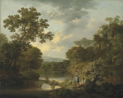 George (of Chichester) Smith : A wooded river landscape with an angler on a bridge and figures resting on the bank, ruins on the hills beyond