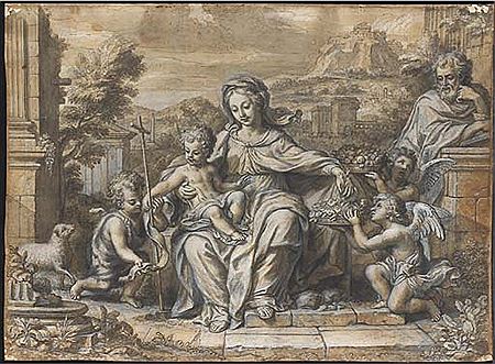 Michel II Corneille : La Sainte Famille avec Saint Jean-Baptiste et des putti apportant des corbeilles de fruits et de fleurs dans un paysage classique