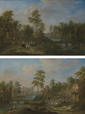 Pieter Van Bredael : Village fluvial animé de promeneurs, de cavaliers et de pêcheurs sur des barques ; et Village fluvial avec des cavaliers, des promeneurs et des pêcheurs tirant leurs filets