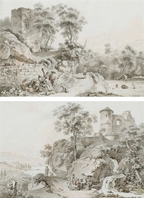 Balthasar Anton Dunker : Musiciens sur un chemin dans un paysage rocheux; et Une famille se nourissant au bord d'un chemin, un château en ruines sur un promontoire rocheux à l'arrière-plan (2)