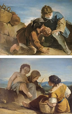 Francesco Salvator Fontebasso : Enfants jouant aux osselets ; et Deux paysannes et un enfant jouant dans un paysage