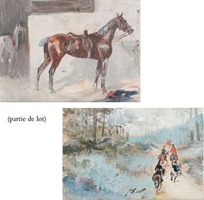 Jules Baron Finot : Chasse à cour au bord d'un pont; Chasse à cour en forêt; Homme tenant son cheval; L'Etalon à l'étable (4)