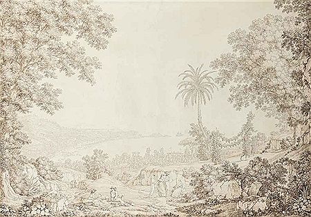 Christoph Heinrich Kniep : VUE DE LA BAIE DE NAPLES, PERSONNAGES CONVERSANT AU PREMIER PLAN