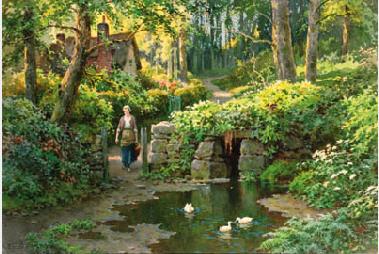 Ernest William Haslehust : Wooded track. Young girl beside duck pond