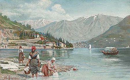 Ettore Ximenes : Washerwomen at the edge of an Italian lake