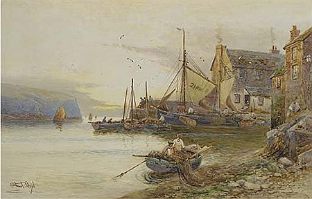 Walter Stuart Lloyd : Fishing boats in the harbour at Polperro