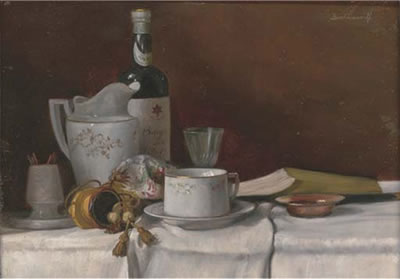 Karl Bachmann : Cup, saucer, bottle, jug and glass with a book to the side